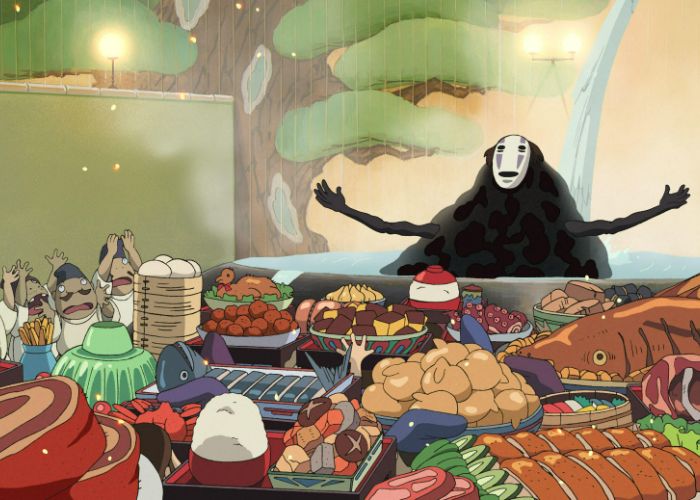 No-Face in the bathhouse of Spirited Away, raising his arms and welcoming a feast.